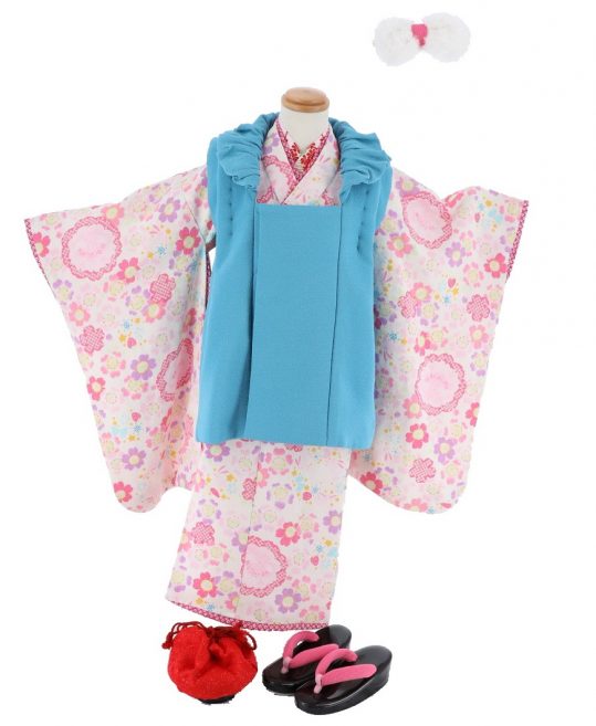 七五三 3歳女の子用被布[JAPAN STYLE]スカイブルー無地(着物)白にピンクの桜No.68V